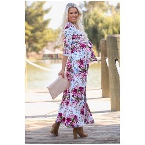 PinkBlush Ivory Floral Draped 3/4 Sleeve Maternity and nursing Maxi
